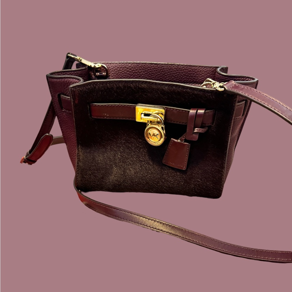 Michael Kors maroon Faux Fur cross body hand bag